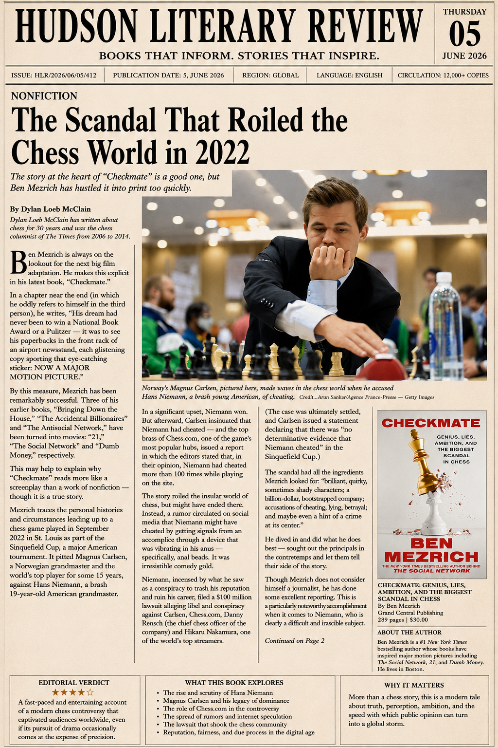 Front page of Hudson Literary Review: The Scandal That Roiled the Chess World in 2022