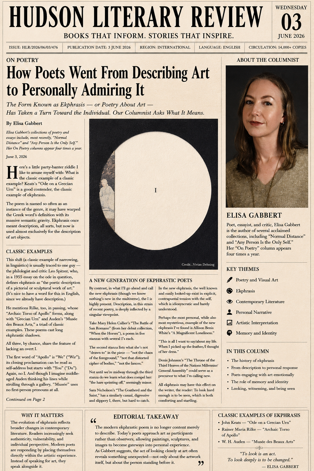 Front page of Hudson Literary Review: How Poets Went From Describing Art to Personally Admiring It