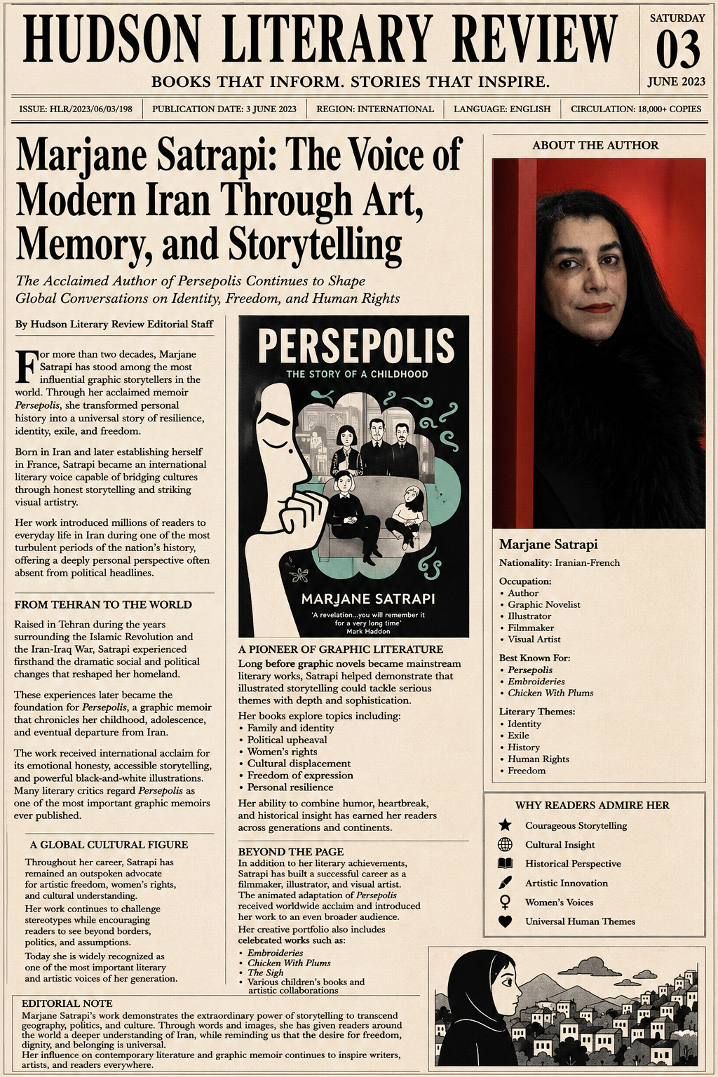 Front page of Hudson Literary Review: Marjane Satrapi, Author of Persepolis, Dies at 56
