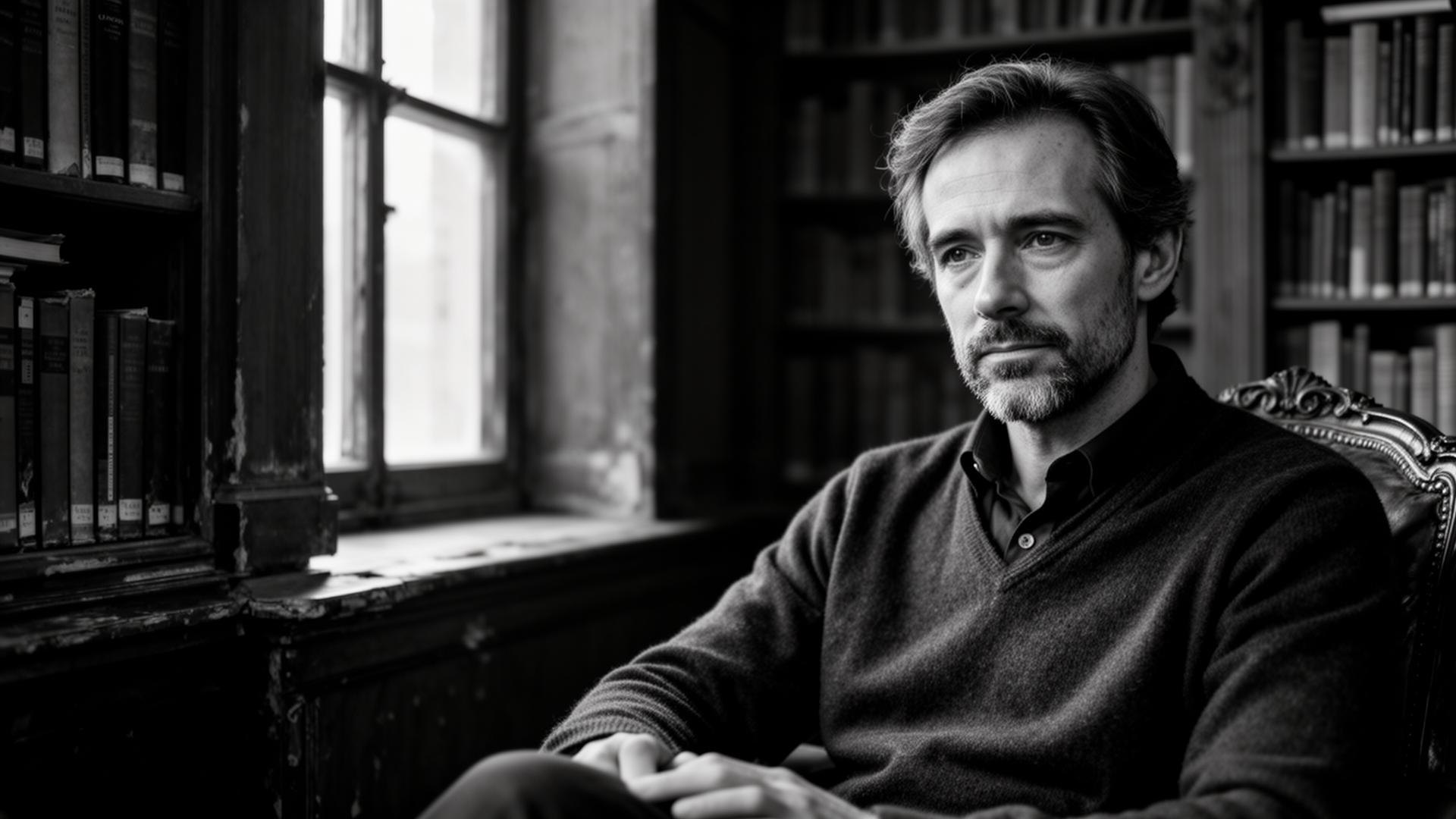 Portrait of a contemplative author in a sunlit library